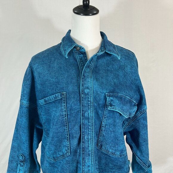 Express Jacket Womens Medium Blue Denim Distressed Cropped Raw Hem Snap Front - Picture 2 of 11